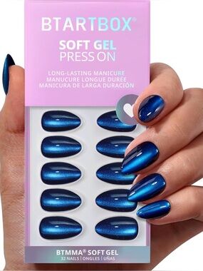 BTArtbox Soft Gel Press-On Nails – Blue Cat Eye Short Almond | New in Box